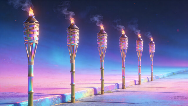 Row of five bamboo tiki torches along a pathway with small smoky flames, iridescent holographic pastel pink purple blue, outdoor pathway lighting with copy space
