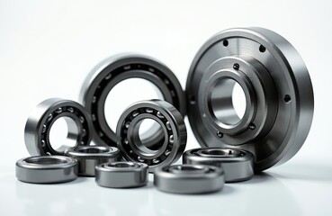 Obraz premium Collection of various metal bearings and a wheel hub assembly. These components reduce friction for smooth rotation in machines and vehicles. Essential for mechanical engineering and repairs.