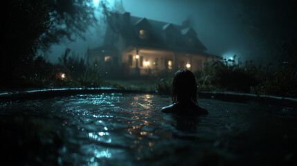 Obraz premium Woman emerging from dark lake water at night near haunted house in foggy forest thriller mystery concept for horror posters book covers and cinematic storytelling 