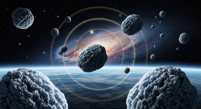 Space, asteroids, galaxy, planets, celestial bodies, astronomy illustration
