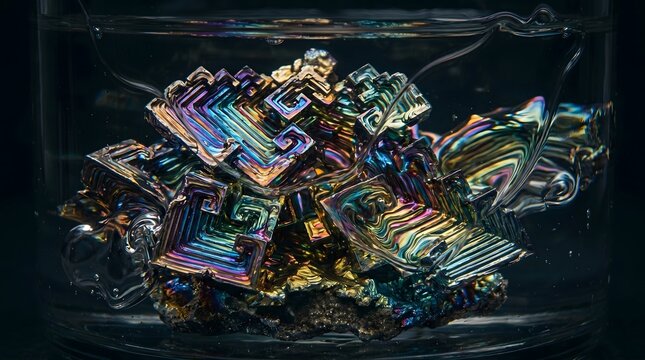 Macro shot of colorful iridescent bismuth crystal with geometric hopper patterns submerged in liquid inside a glass container
