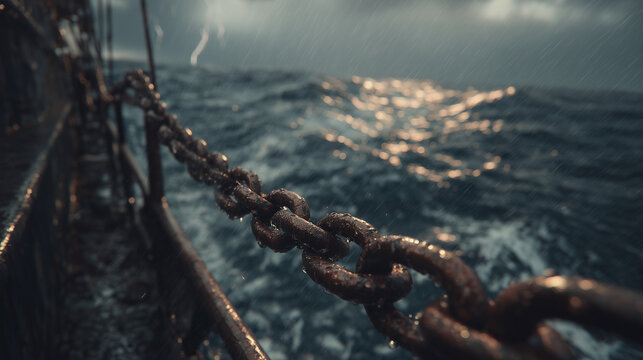 Massive metal anchor chain in stormy ocean holding cargo ship during lightning and heavy rain dramatic maritime safety and strength concept for shipping industry banners and logistics design