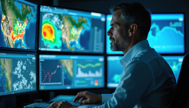Scientist studies weather data on multiple screens showing maps and graphs. Man uses computer in control room analyzing climate forecasts and storm patterns for disaster prediction.