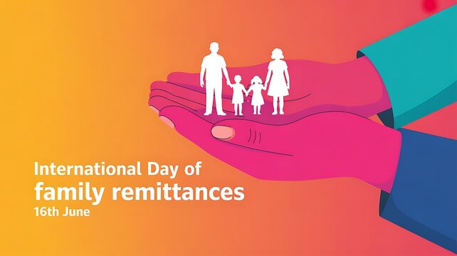 International day of family remittances with caring hands holding family silhouettes cross border protection