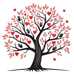 Naklejka premium Stylized tree of life with hearts and hands illustration branches stylized