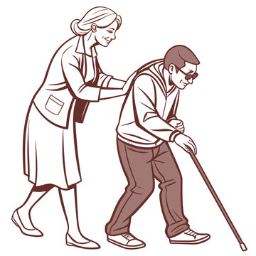 Woman assisting a blind man with a cane, a woman gently guides a blind man who