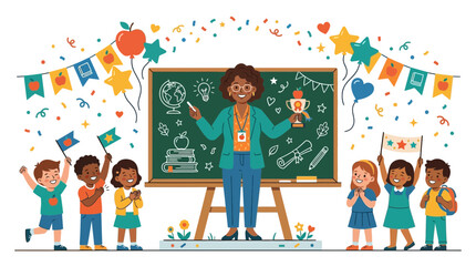 Happy teacher standing with diverse elementary school students in classroom. © Bashir