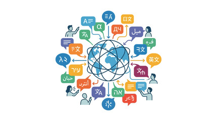 Global communication concept with diverse languages and speech bubbles surrounding earth globe. © Bashir