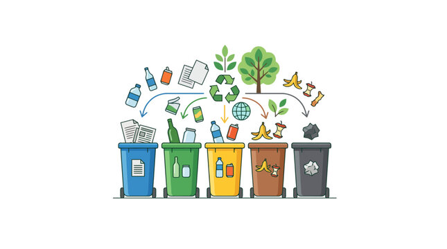 Five colorful recycling bins with waste sorting icons and environmental elements.