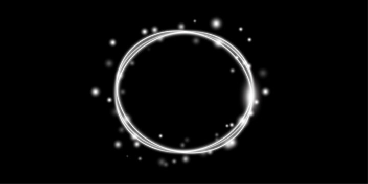Glowing white light effect circle with sparkling particles on black background
