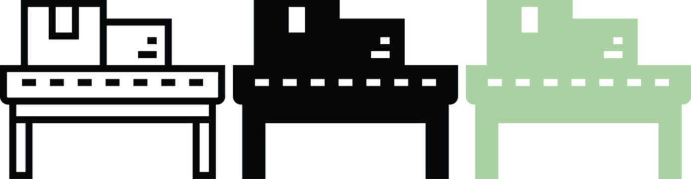 Set of three packaging belt conveyor icons with various shipping box styles vector graphic.