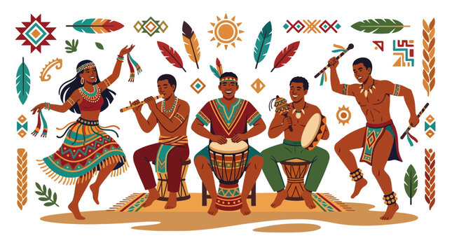 Group of indigenous people dancing and playing traditional musical instruments.