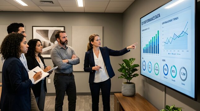 Business team looking at performance data charts on a large wall screen during a meeting in a modern office setting