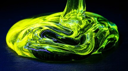 Obraz premium Glowing neon green viscous gel slime pouring onto a dark surface representing radioactive waste or toxic biohazard fluid