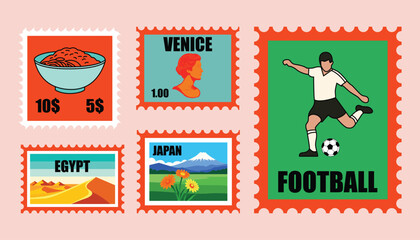 Vintage postage stamp collection with travel and football themes © vector touch