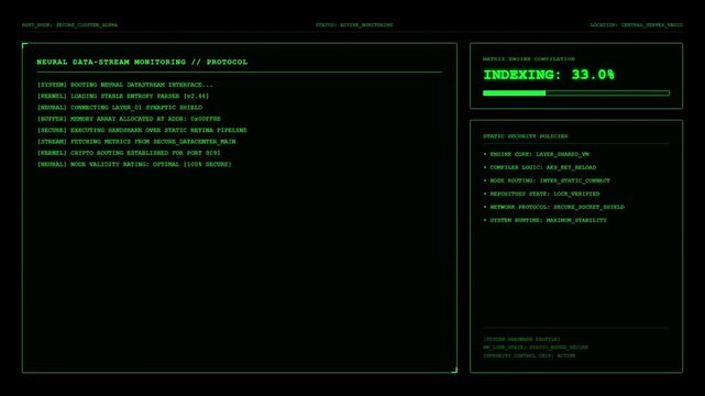 Neural Data Stream Monitoring Protocol Mainframe Displaying Synaptic Shield Boot Sequence And Matrix Engine Compilation Indexing Green HUD Screen.