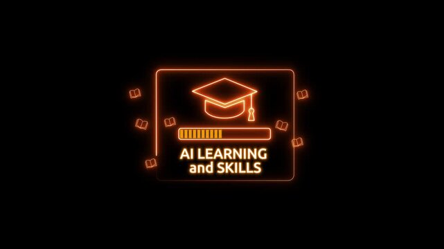 virtual AI learning skills interface and graduation cap icon, artificial intelligence education technology concept and smart digital study progress. 4k animation on transparent background.