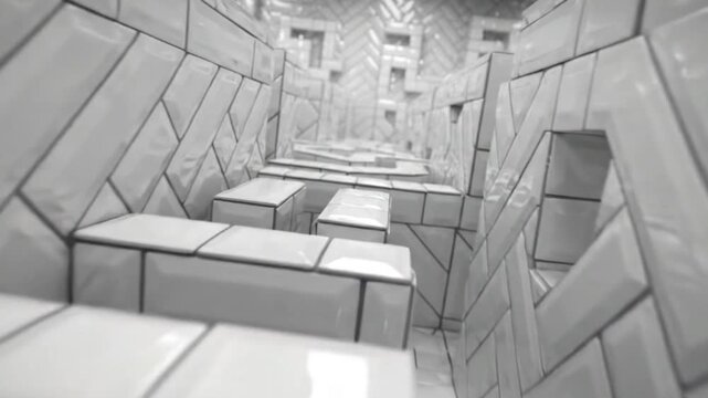 Abstract White Tiled Maze Hallway with Optical Illusion Perspective