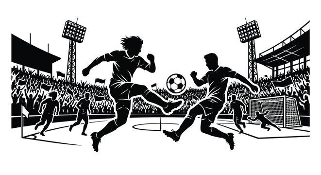 Soccer match action silhouette players competing with stadium crowd in black and white
