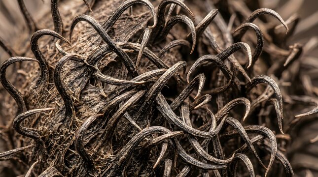 Extreme close up of a dried burdock burr with hooked spines showcasing intricate natural textures in a macro photograph