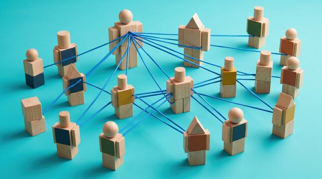 Wooden peg figures connected by blue strings representing corporate networking and organizational hierarchy