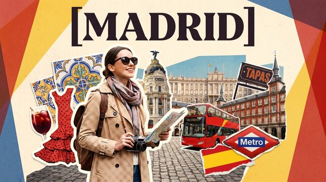 Collage of Madrid attractions with woman holding map and camera