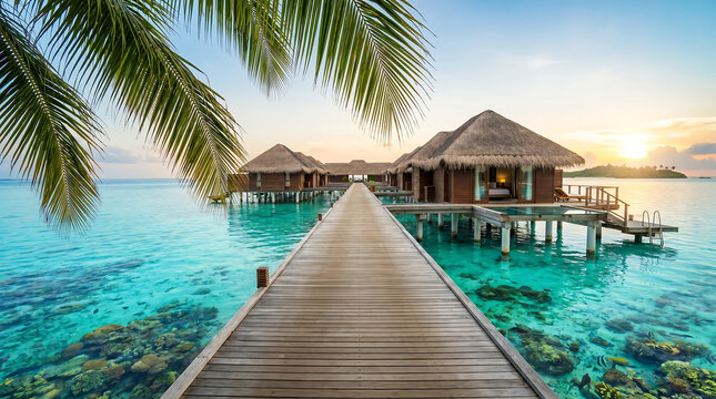 A long wooden pier stretches over crystal clear turquoise water towards luxurious overwater bungalows with thatched roofs at sunset in a tropical paradise.