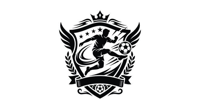 Silhouette of a soccer player kicking a ball on a shield with wings and a crown