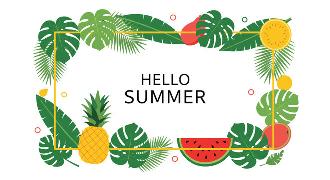 Summer themed invitation or card with hello summer text inside a golden frame decorated with tropical fruits and leaves.
