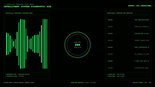 Intelligent System Diagnostic Hub Mainframe Monitor Displaying Frequency Spectrum Waveband Flux And Compiler Hex Matrices Green HUD Screen.