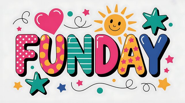 Colorful funday hand drawn typography graphic with smiling sun heart and stars on white background, typography