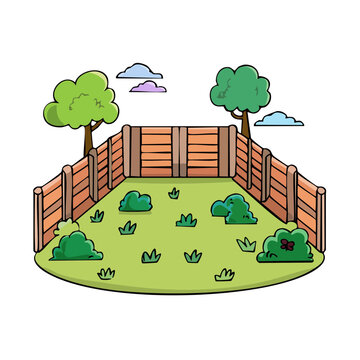 Cartoon fenced backyard with trees bushes and clouds above