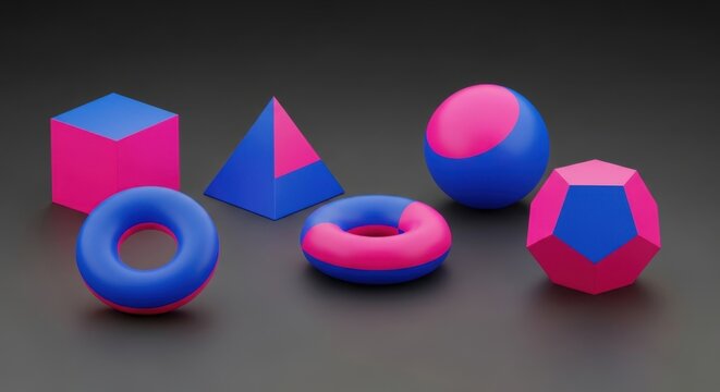 Geometric shapes, 3D models, pink blue objects, abstract forms, colorful solids