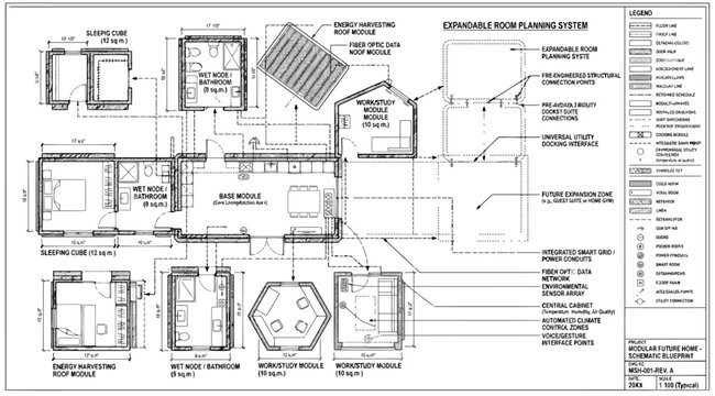 Expandable modular home system architectural plan with various room modules and connection details