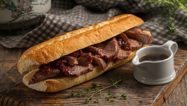 a baguette filled with beef and served with dipping sauce or au jus
