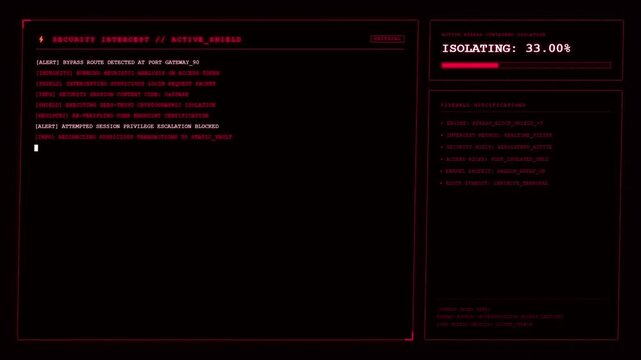 Security Intercept Active Shield Interface Mainframe Displaying Attempted Session Privilege Escalation Blocked And Active Bypass Container Isolation Red HUD Screen.