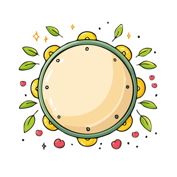 Whimsical Tambourine with Leaves and Cherries Festive Musical Instrument Illustration
