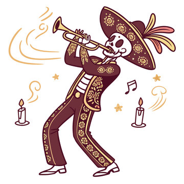 D&iacute;a de muertos skeleton mariachi playing trumpet with candles illustration