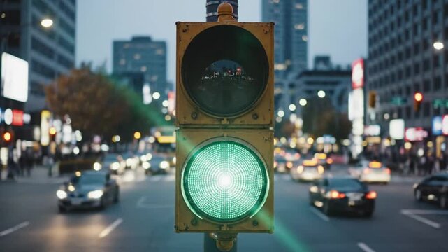 Traffic light changing from red to yellow then green in busy city street with cars and buildings in the background