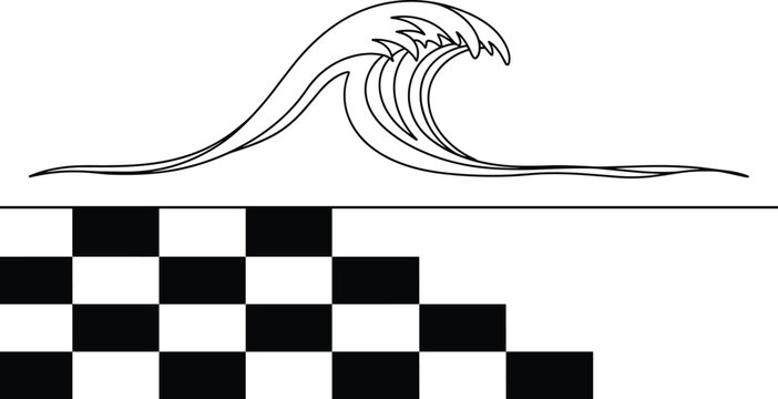 Ocean wave and checkerboard pattern vector illustration featuring abstract surfing design and geometric black white background