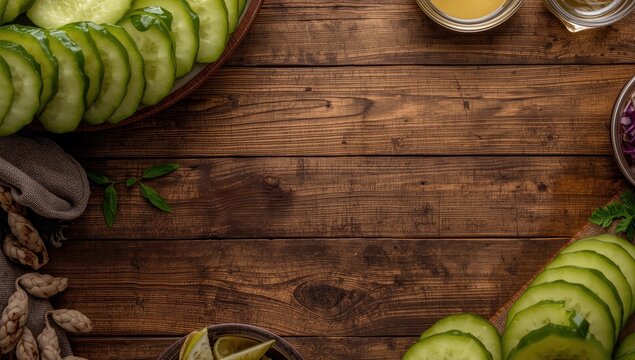 Pickled cucumber slices for sandwiches, meal, or snack on a rustic table with empty space above.