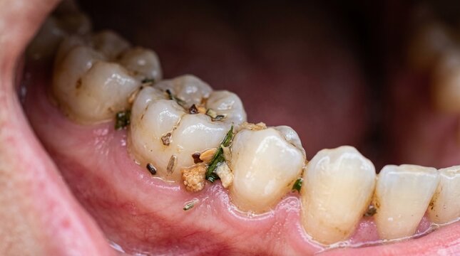 Close-up of unclean teeth with food debris and gum inflammation