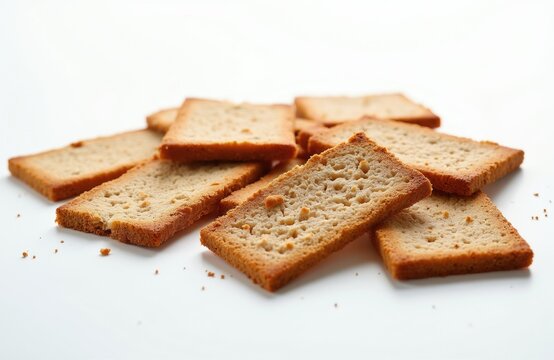 Rectangular crispbread pieces piled on a white surface. Dry rye crackers with porous texture are perfect for healthy snacking or meal accompaniment. Baked snack food.