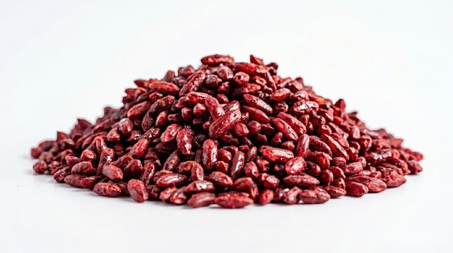 detailed view of fermented red yeast rice, or Angkak, on a white background