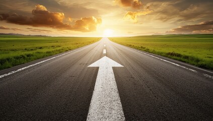 Obraz premium A paved road extends ahead marked by a white arrow, representing drive, advancement, and ongoing development.