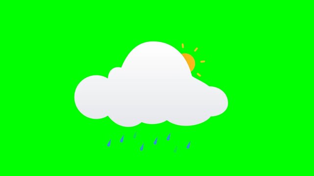 Animated weather icon of a rotating sun behind a floating cloud with falling rain on green screen best for weather forecasting apps and broadcast graphics.