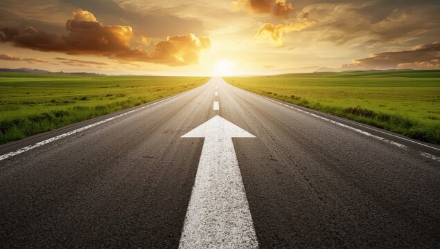 A paved road extends ahead marked by a white arrow, representing drive, advancement, and ongoing development.
