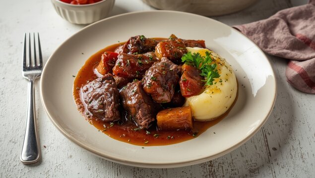 Tender red wine-braised beef with mashed potatoes and tomato sauce on a white wooden table, served with a fork.