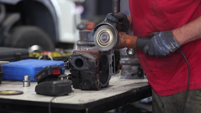 A mechanic diligently cleaning a truck cylinder head with a grinder in a well-lit, professional garage. The scene captures the precision and tools of automotive repair.
