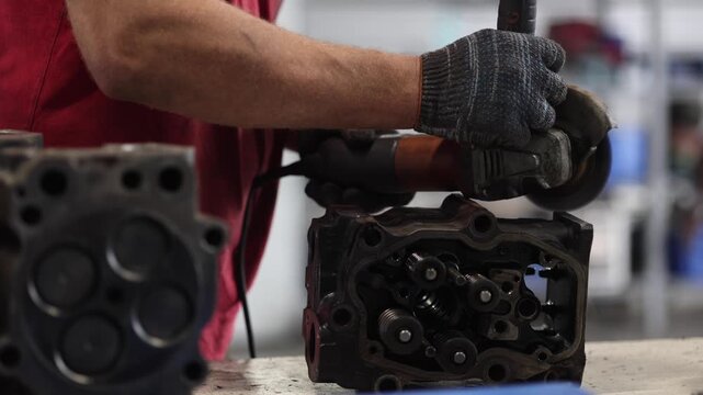 A skilled mechanic is meticulously cleaning a truck cylinder head using a grinder in a well-equipped maintenance shop. The scene showcases the professionalism and expertise in automotive repair.